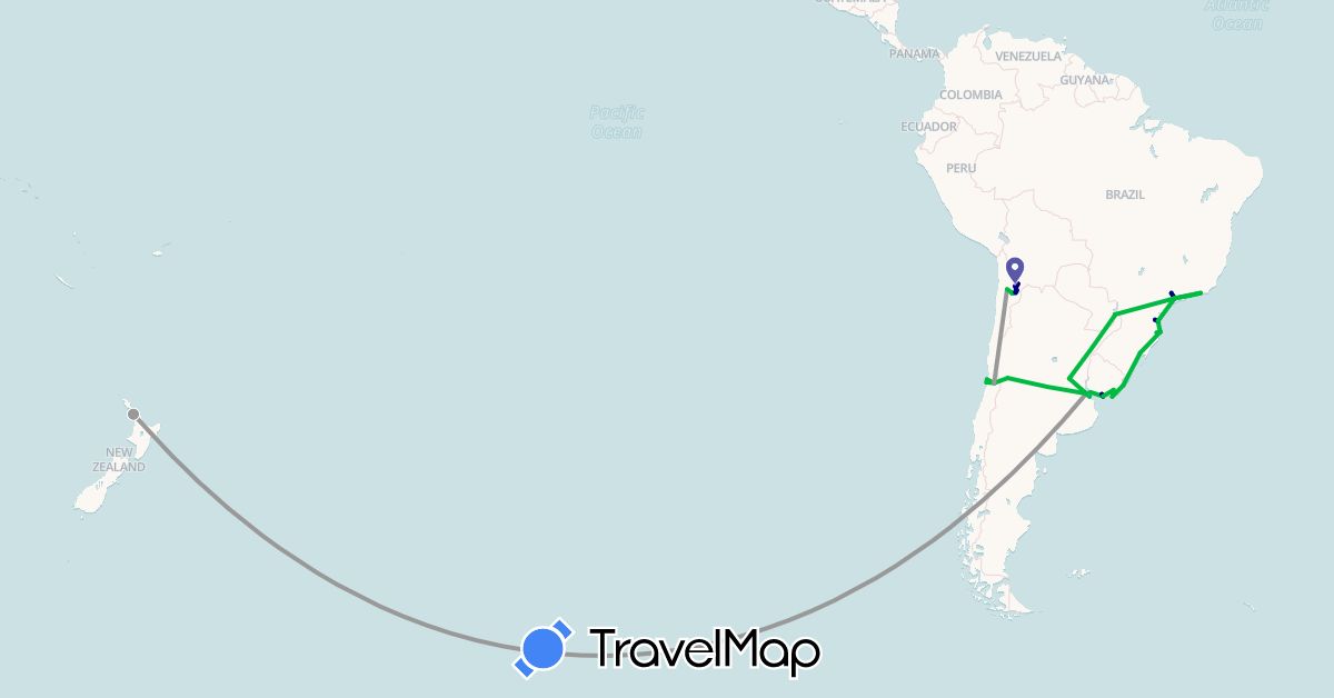 TravelMap itinerary: driving, bus, plane, cycling, boat in Argentina, Bolivia, Brazil, Chile, New Zealand, Uruguay (Oceania, South America)